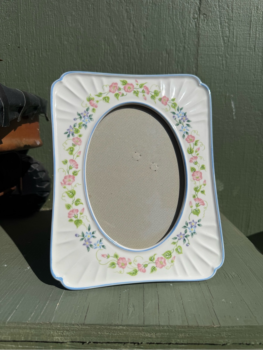 White Ceramic Oval Frame with Pink Floral Border Vintage